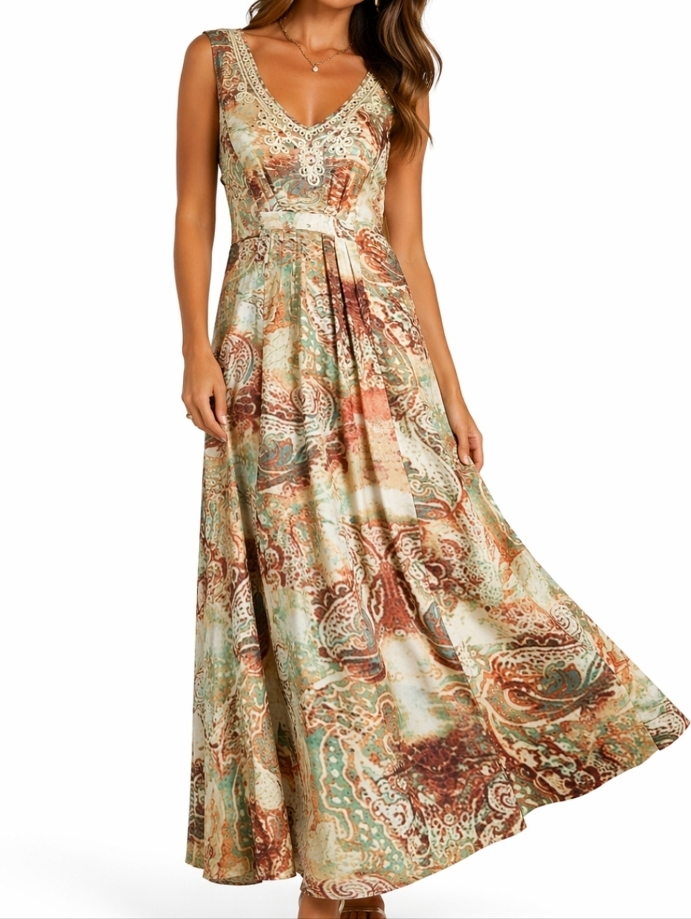 NWT Reba Sahara Sunset Rust & Turquoise Paisley Print Sleeveless Maxi Dr…